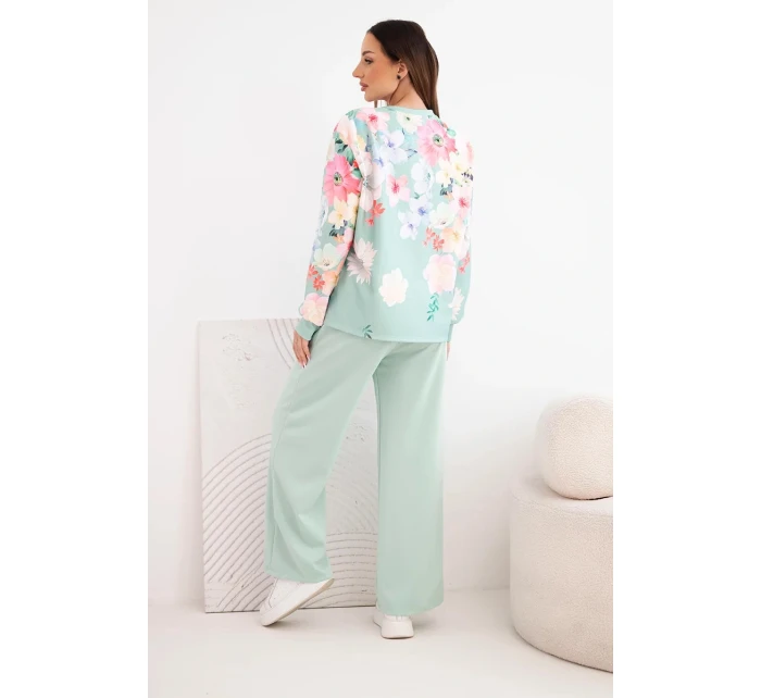 Dámský máslový viskózový komplet s květinami s širokou nohavicí tmavě mátová