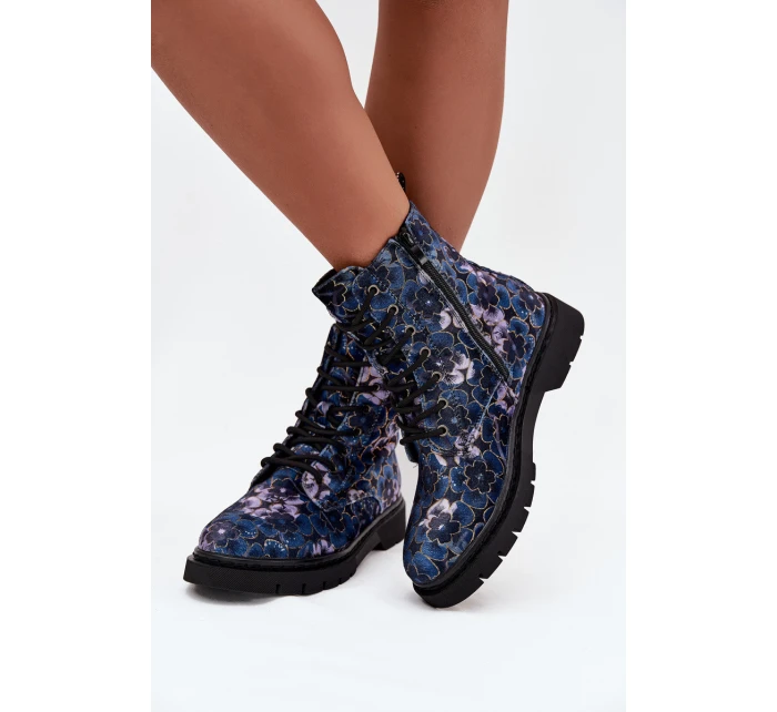 Dámské zateplené kotníkové boty v květinový vzor Artiker 57C1052 tmavě modré