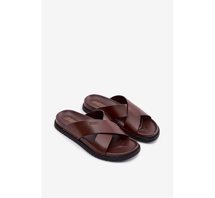 Kožené Pánské Pantofle Big Star model 22064040 Tmavě hnědé - Big Star Shoes Kožené Pánské Pantofle Big Star model 22064040 Tmavě hnědé - Big Star Shoes