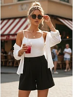 Dámské letní látkové šortky s koženkou a lnem černé FashionStreet SY0548