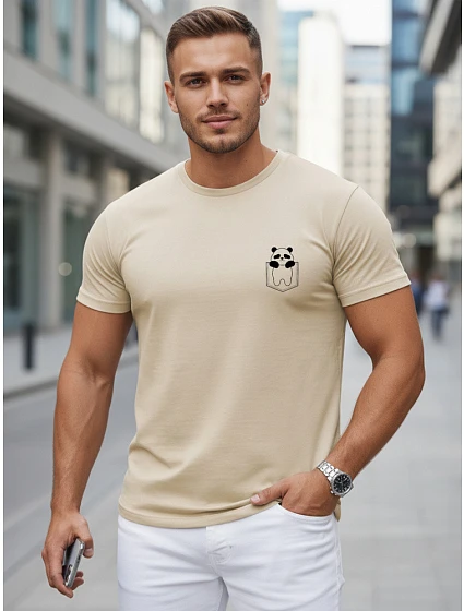 Bawełniana koszulka męska z nadrukiem beżowa model 22305614 - FashionStreet Bawełniana koszulka męska z nadrukiem beżowa model 22305614 - FashionStreet