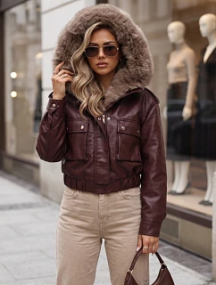 Dámská zimní kožená bunda s kožešinou, bordová, FashionStreet TY5977