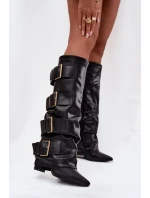 Dámské kozačky na podpatku s vyhrnutou holení a zlatými přezkami Isavelle – černé Dámské kozačky na podpatku s vyhrnutou holení a zlatými přezkami Isavelle – černé