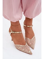 Pánské síťované dámské sandály na jehlovém podpatku se zdobením Zlato model 22103194 - Boto