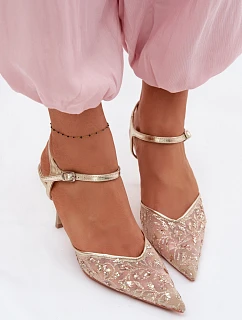 Pánské síťované dámské sandály na jehlovém podpatku se zdobením Zlato model 22103194 - Boto