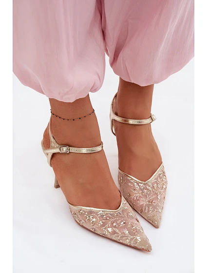 Pánské síťované dámské sandály na jehlovém podpatku se zdobením Zlato model 22103194 - Boto