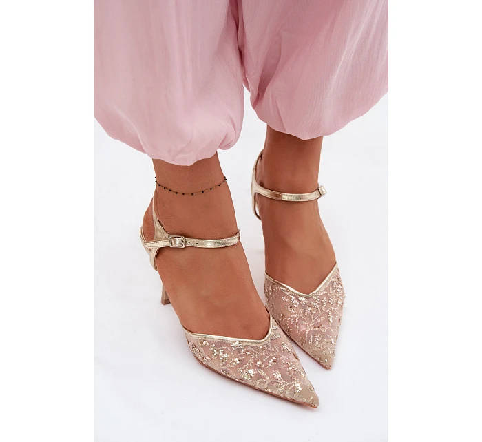 Pánské síťované dámské sandály na jehlovém podpatku se zdobením Zlato model 22103194 - Boto