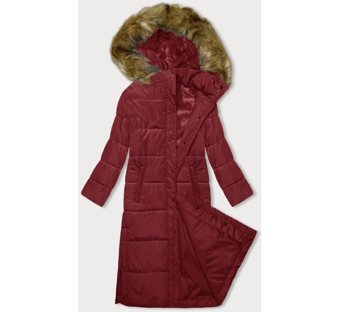 Červená dlouhá zimní bunda s kapucí (V726)