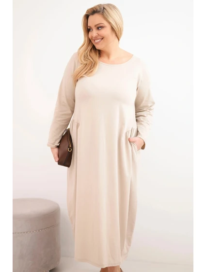 Dámská sukýnka Plus Size bavlněná s dlouhým rukávem a nařasením v pase béžová