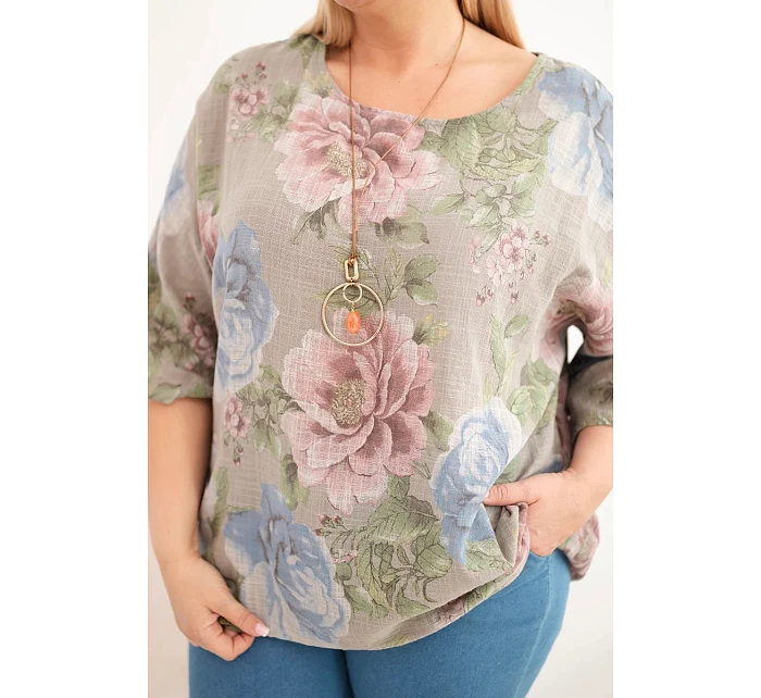 Dámská bavlněná halenka Plus Size s krátkým rukávem a květinovým vzorem fango