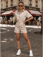 Dámská krátká džínová kombinéza s gumou v pase, béžová, FashionStreet EY2689 Dámská krátká džínová kombinéza s gumou v pase, béžová, FashionStreet EY2689