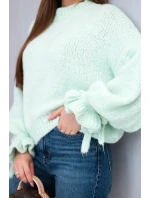Dámský svetr s přídavkem mohairu s hrubým pletením a ozdobnými rukávy mátový Dámský svetr s přídavkem mohairu s hrubým pletením a ozdobnými rukávy mátový