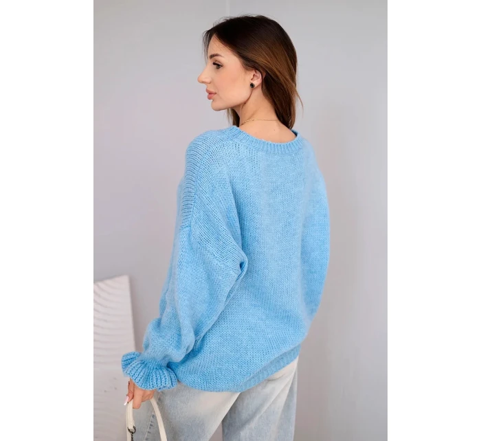 Dámský svetr s přídavkem mohéru a vlny volného střihu modrý Dámský svetr s přídavkem mohéru a vlny volného střihu modrý