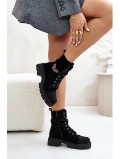 Zateplené kotníkové boty s ozdobou Černé S.Barski HY42-281