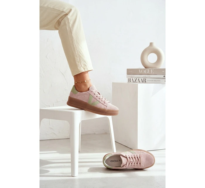 Dámské tenisky z přírodního semiše na platformě model 22069636 růžové - VINCEZA