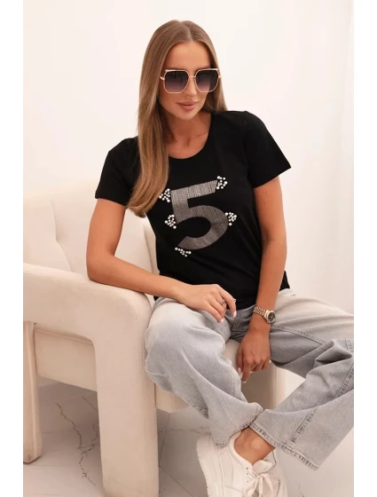 Dámská bavlněná blůza s krátkým rukávem a nášivkou s perličkami černá
