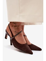 Kožené semišové sandály na podpatku se zdobeným páskem D&A CR61-3048 Čokoládové