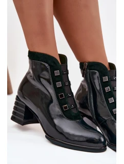 Lakované kožené dámské botky na sloupku D&A – tmavě zelené