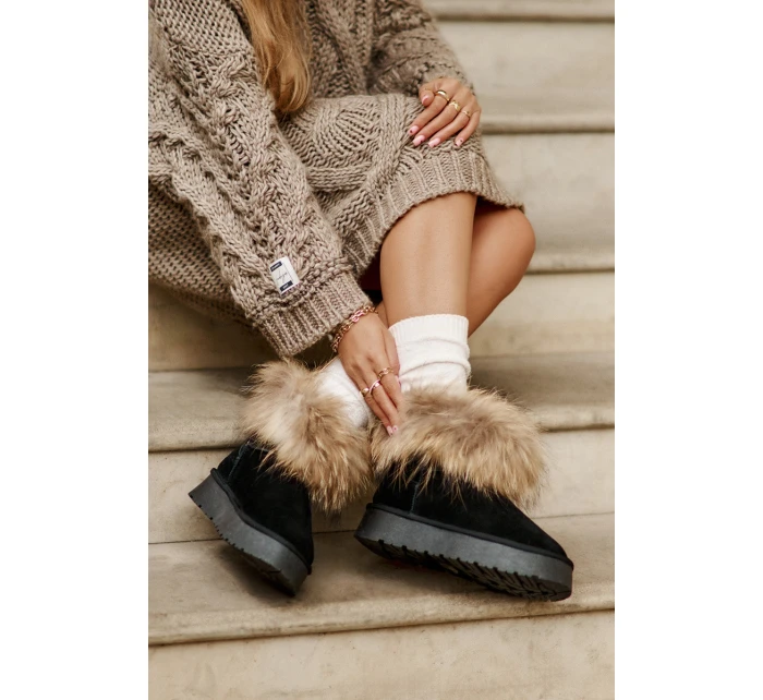 Kožené Sněhové Boty Na Platformě S Kožíškem Černé model 21677876 - Boto