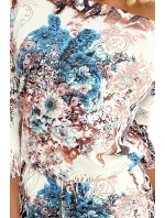 Béžové dámské sportovní šaty s vzorem světle modrých květů a s kapsičkami 13-146 Béžové dámské sportovní šaty s vzorem světle modrých květů a s kapsičkami 13-146