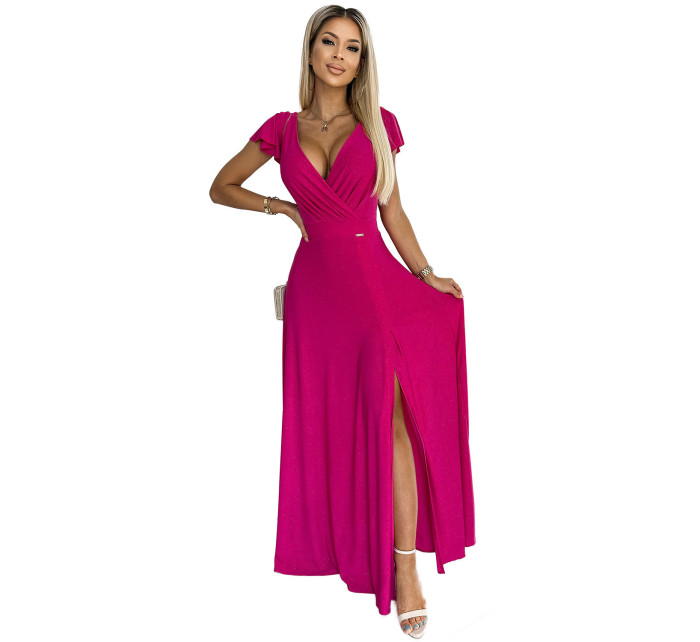 CRYSTAL - Dlouhé dámské lesklé šaty ve fuchsijové barvě s výstřihem 411-5