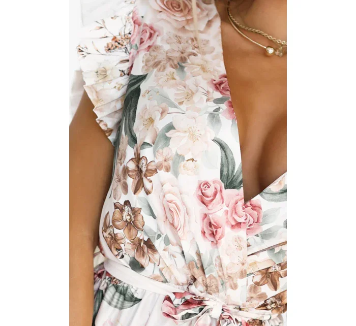 Saténové maxi šaty s výstřihem a květinovým v boho stylu model 21177152 - numoco basic Saténové maxi šaty s výstřihem a květinovým v boho stylu model 21177152 - numoco basic