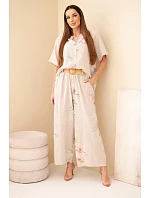 Dámský bavlněný komplet s krátkým rukávem a širokými nohavicemi béžový