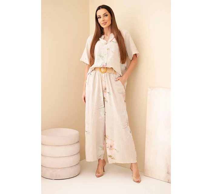 Dámský bavlněný komplet s krátkým rukávem a širokými nohavicemi béžový