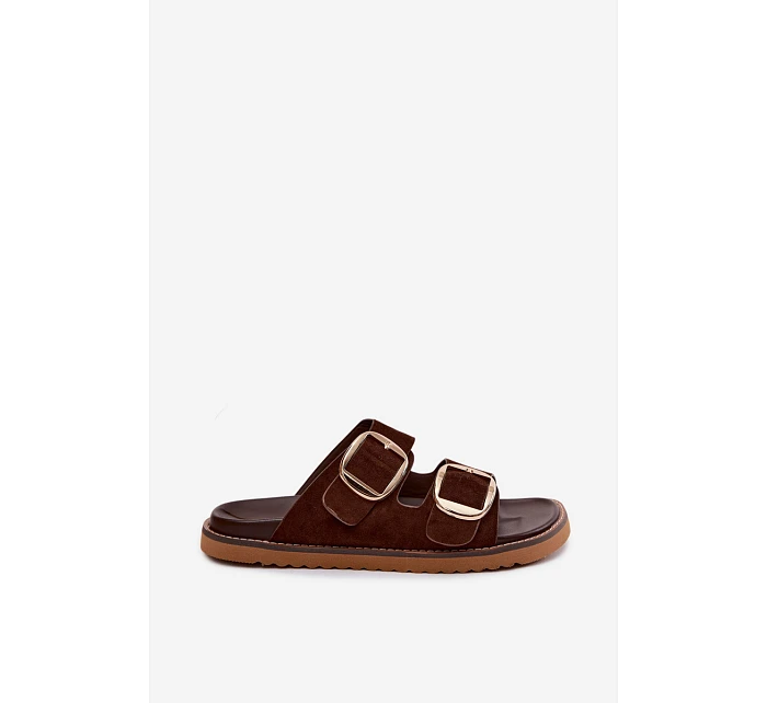 Dámské pantofle z imitace semiše se zlatými přezkami čokoládové model 22122715 - Boto