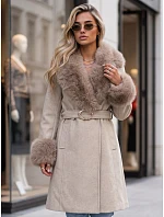 Dámský kabát s odnímatelným kožešinovým límcem, béžový, FashionStreet TY6068 Dámský kabát s odnímatelným kožešinovým límcem, béžový, FashionStreet TY6068
