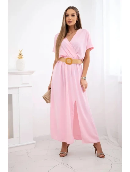 Dlouhé šaty s ozdobným páskem bonbónově růžová