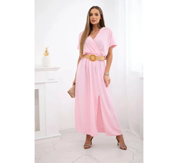 Dlouhé šaty s ozdobným páskem bonbónově růžová