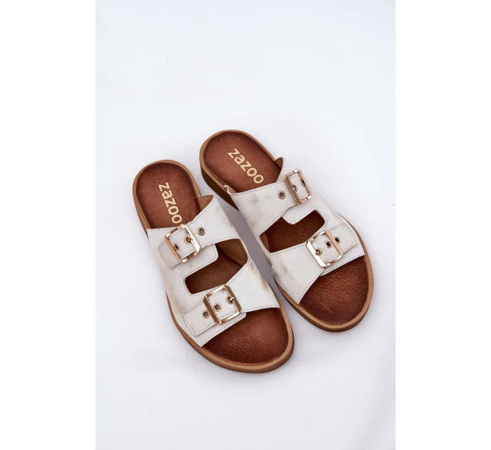 Kožené Ploché Pantofle S Přezkami Zazoo 3020 Zlaté Ošoupané