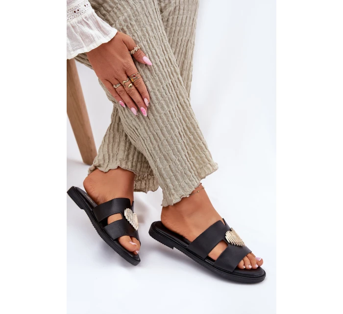 Dámské Pantofle Na Plochém Podpatku Se Zlatou Dekorací Černé Karinma