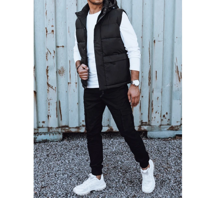 Pánská prošívaná vesta s kapucí černá FashionStreet TX4782 Pánská prošívaná vesta s kapucí černá FashionStreet TX4782