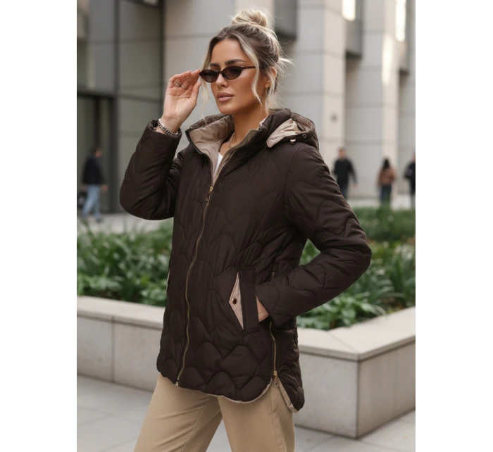 Dámská přechodná prošívaná bunda s odepínací kapucí hnědá TY5623