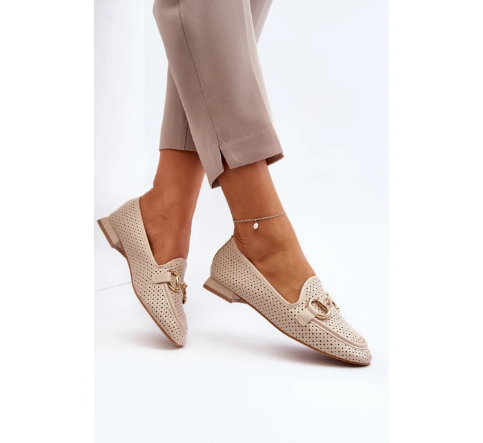 Dámské mokasíny na ploché podrážce s ozdobou béžové model 21650953 - Boto Dámské mokasíny na ploché podrážce s ozdobou béžové model 21650953 - Boto