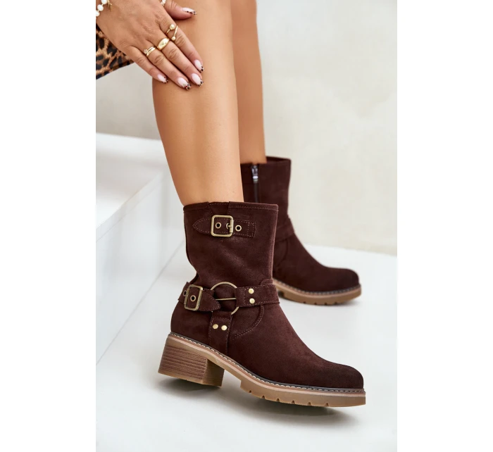 Dámské boty na nízkém podpatku se hnědé model 21671183 - Boto