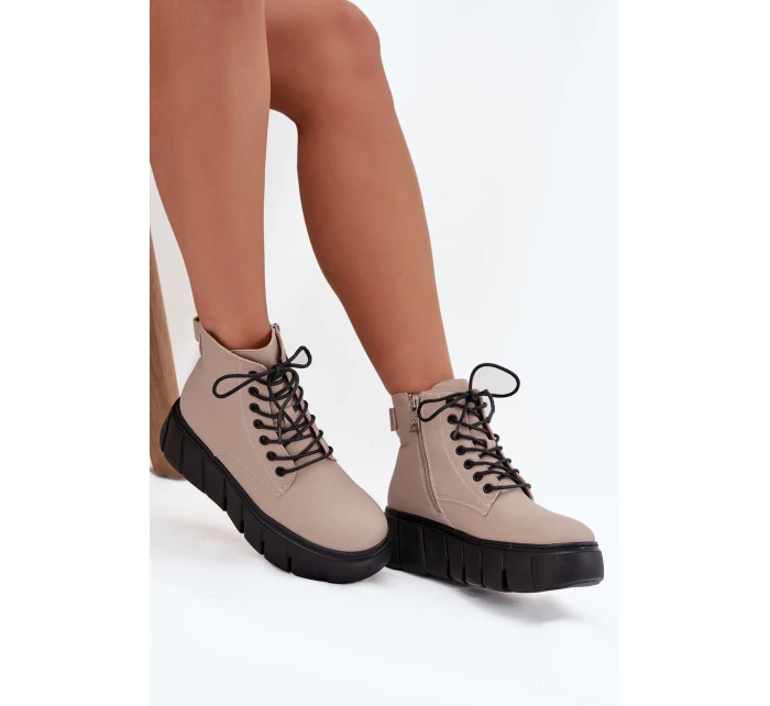 Kožené zateplené dámské kotníkové boty na platformě model 21707594 béžové - VINCEZA