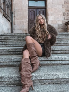 Vlněné Kozačky na Podpatku z Eko Semiš Oteplené Tmavě Béžové Mavella