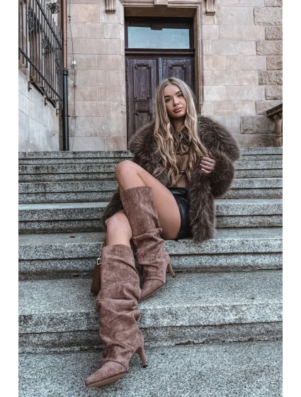 Vlněné Kozačky na Podpatku z Eko Semiš Oteplené Tmavě Béžové Mavella Vlněné Kozačky na Podpatku z Eko Semiš Oteplené Tmavě Béžové Mavella