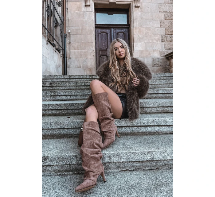 Vlněné Kozačky na Podpatku z Eko  Tmavě Béžové model 21757785 - Boto