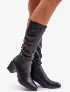 Zateplené Kozačky Na Podpatku Eko Kůže Do Půlky Lýtka Černé Ellithira
