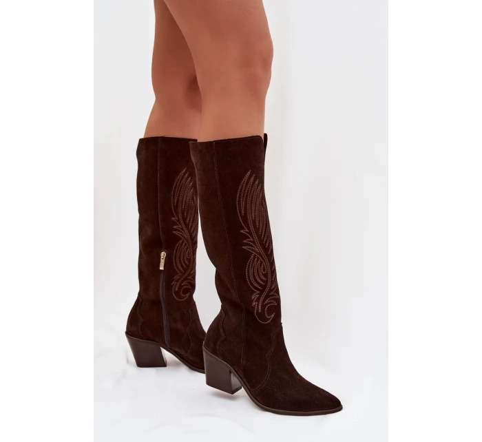 Semišové Kožené Kozačky Na Podpatku  Čokoládové model 22031643 - Zazoo