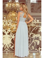 Dlouhé dámské šaty ve stříbrné barvě bez rukávů a s vyšívaným výstřihem model 6405966 - numoco