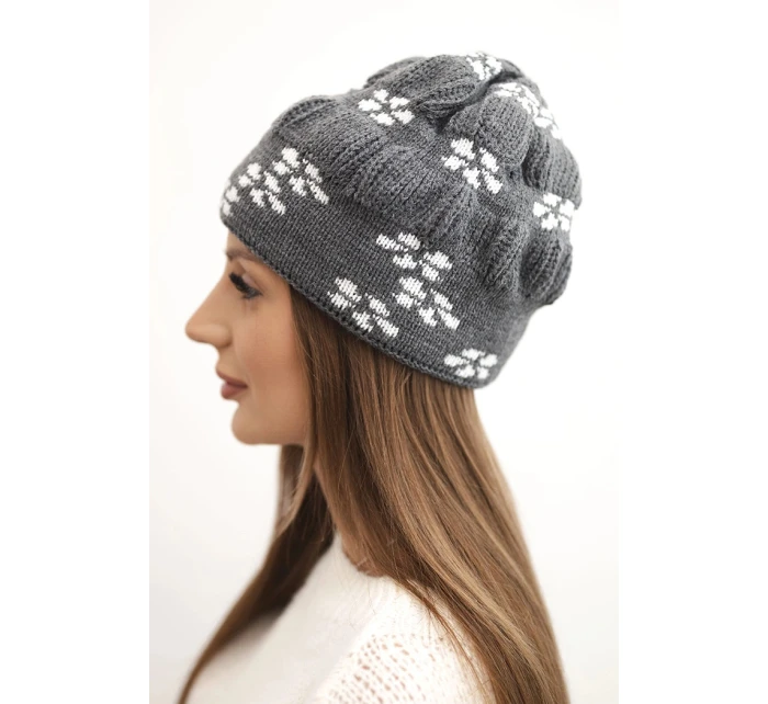 Dámská zimní čepice pletená se vzorem sněhových vloček K463 grafitová