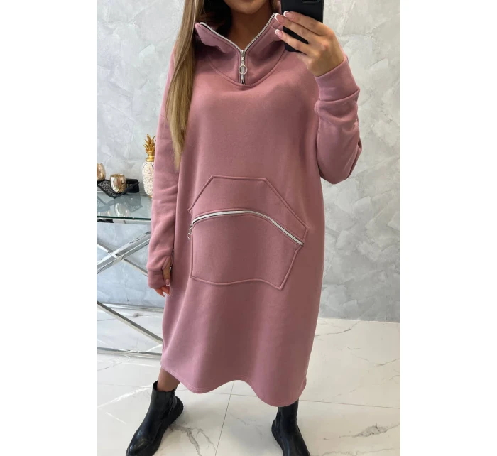 Zateplené šaty s kapucí tmavě růžové