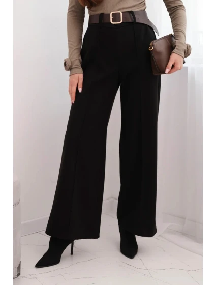Dámské elegantní kalhoty s páskem a širokou nohavicí černé Dámské elegantní kalhoty s páskem a širokou nohavicí černé