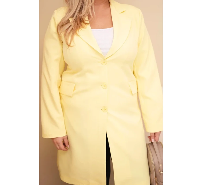 Dámský plášť Plus Size dlouhý s límcem a kapsami žlutý Dámský plášť Plus Size dlouhý s límcem a kapsami žlutý
