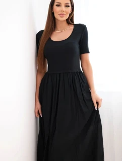 Dámské bavlněné midi šaty s krátkým rukávem a rozšířeným spodkem černá